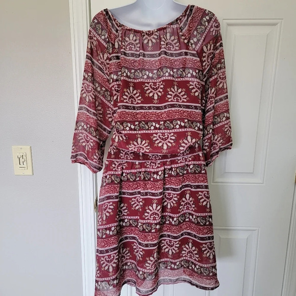 Calvin Klein Boho Red Print 3/4 Sleeve Gathered Waist Sheer Lined Dress Size M - Picture 6 of 12